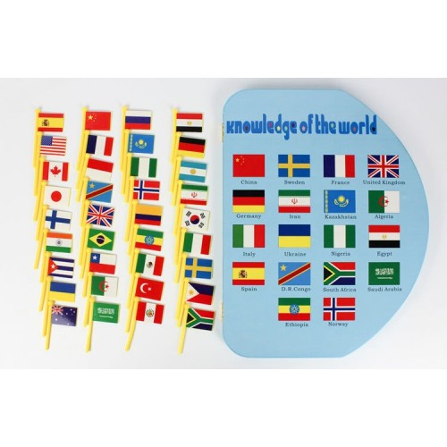 Wooden world map with flags